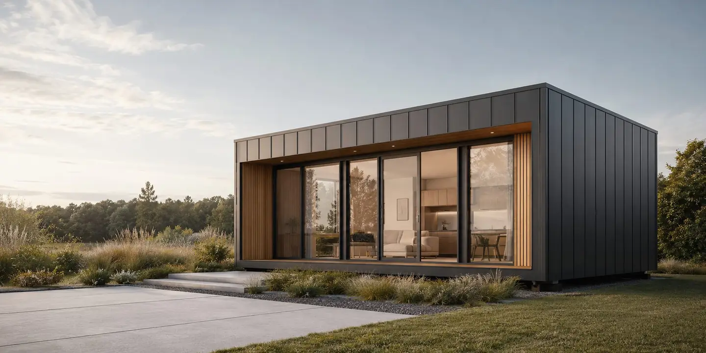 Modern light-steel modular home with anthracite cladding, warm timber detailing and large glass openings